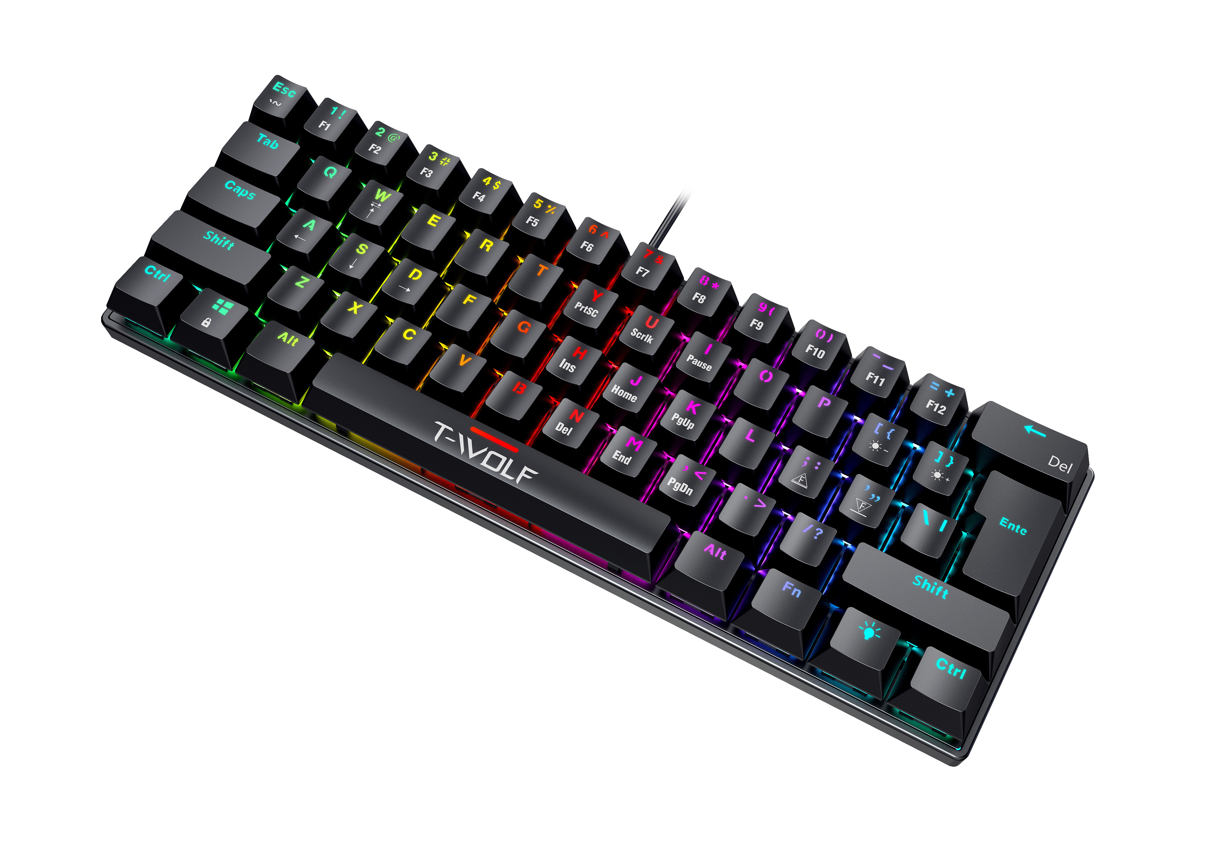 Keyboard T-WOLF T61 Black Chính hãng (Phím cơ, 61 key, Blue Switch, 12 chế độ LED)